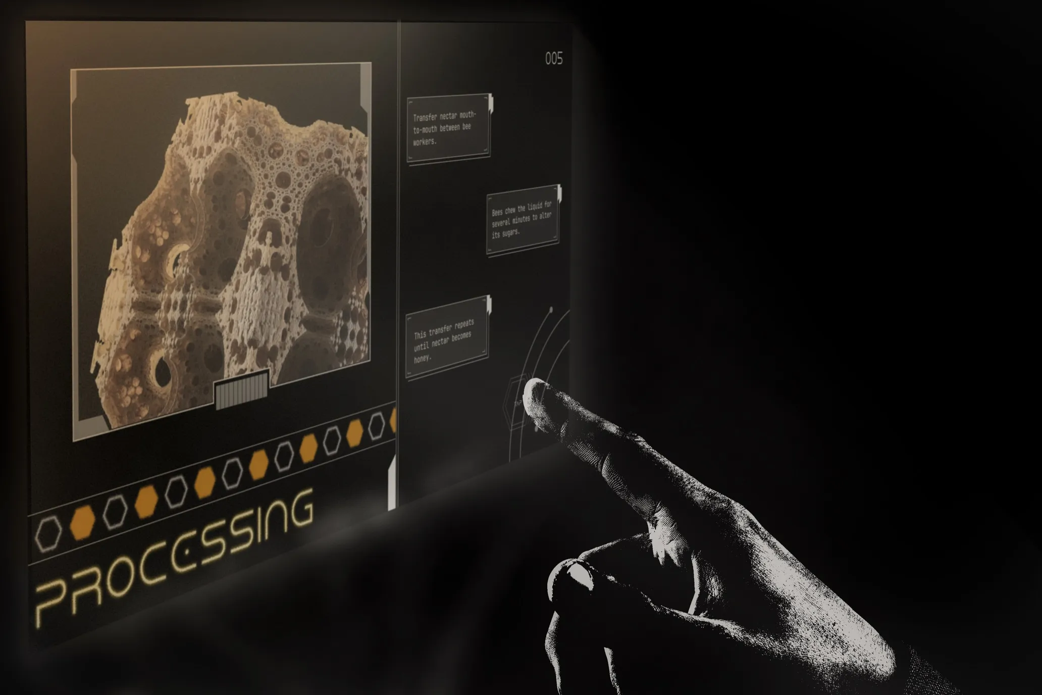 Interactive exhibition screen showing a honey processing sequence